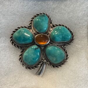 Turquoise and Amber Floral Brooch